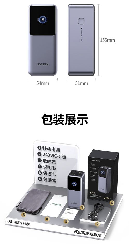 绿联能量湃 Pro 200W充电宝 25000mAh大容量，单口140W高功率，仅售349元